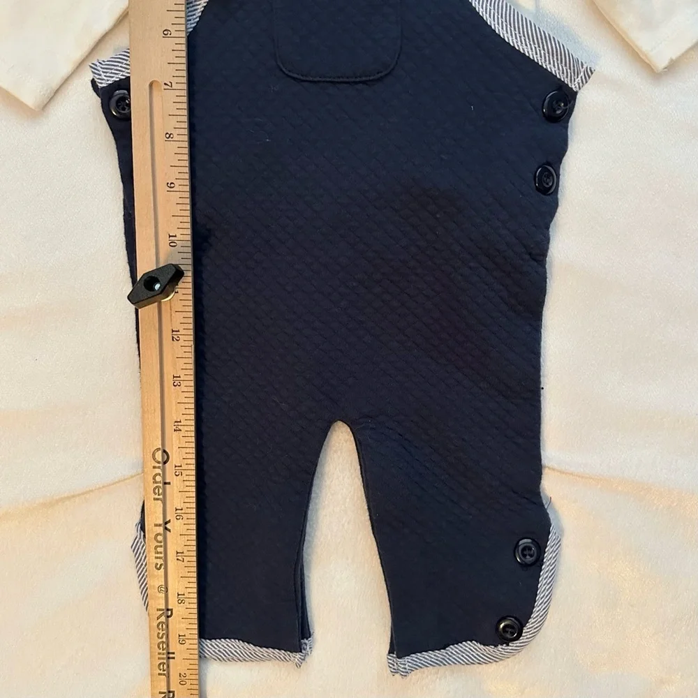 Harry & Violet 2pc Set White Bodysuit & Quilted Navy Blue Overalls Outfit 0/3M